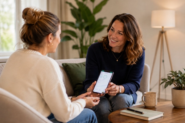 Professional en deelnemer bekijken samen iets op de telefoon
