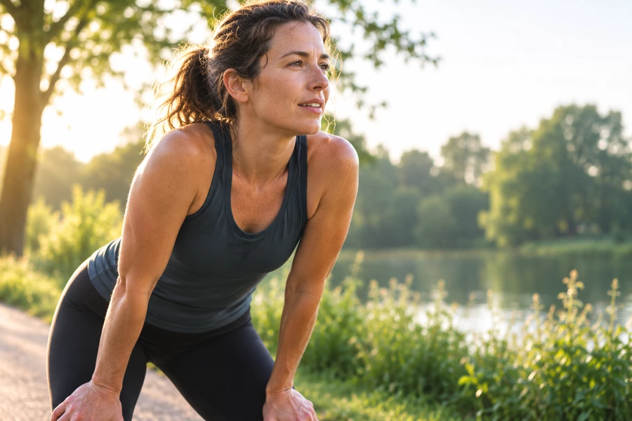 Iemand pauzeert tijdens het sporten en luistert naar het eigen lichaam